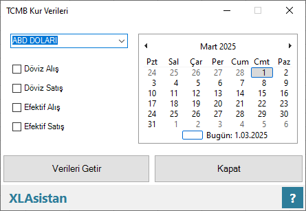 Excel ile döviz kuru çekme ekranı