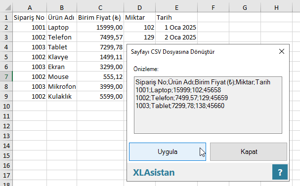 Excel dosyasını CSV'ye dönüştürme
