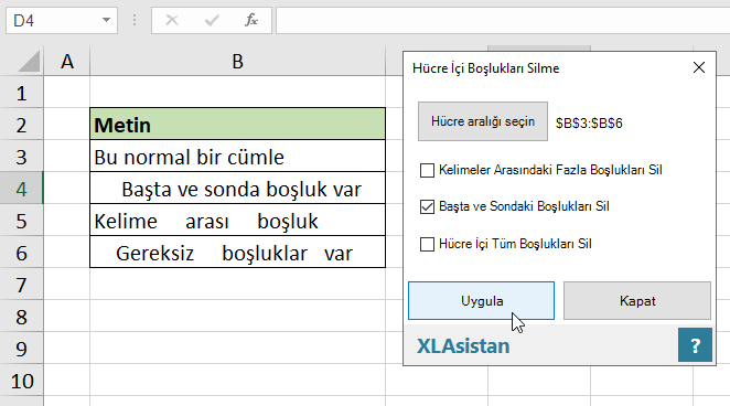 Excel hücre içi boşluk temizleme özellikleri