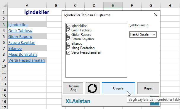 Excel içindekiler tablosu oluşturma arayüzü