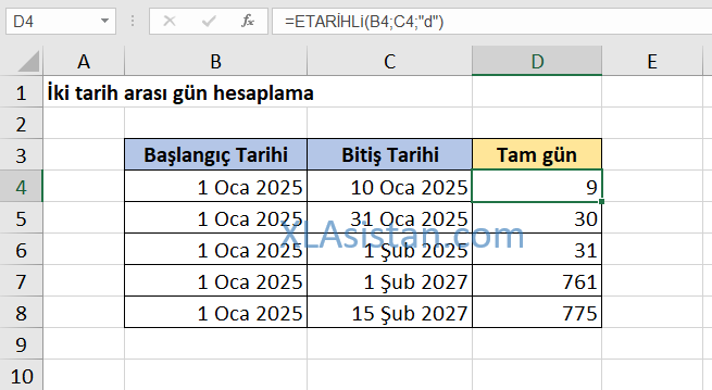 Excel iki tarih arası gün hesaplama tablosu