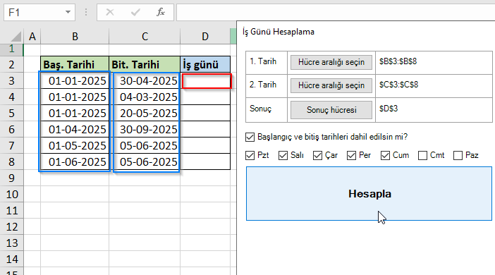 Excel iş günü hesaplama arayüzü
