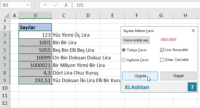 Excel sayıları yazıya çevirme aracı