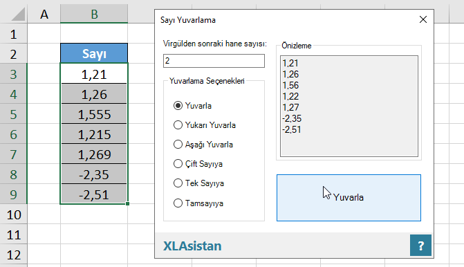 Excel ile yuvarlama arayüzü