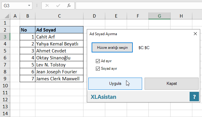 XLAsistan ile isim ayırma işlemi