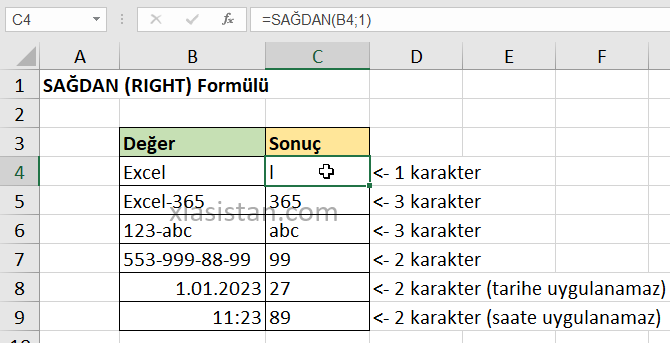 Excel sağdan formülü uygulaması