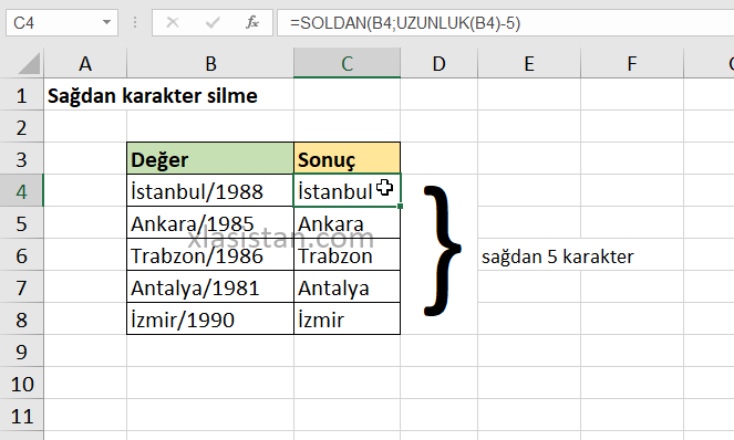 Excel sağdan karakter silme örneği