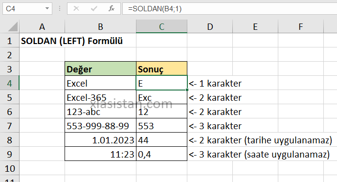 Excel soldan formülü uygulaması