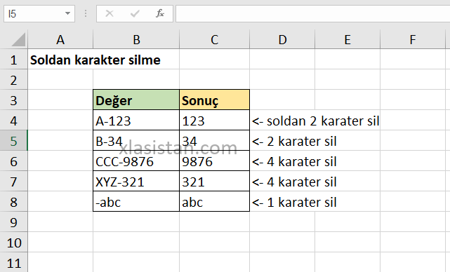 Excel soldan sağdan karakter silme
