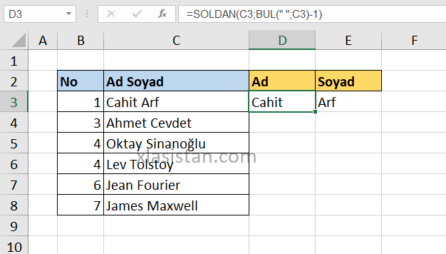 Excel ad soyad ayırma formülü