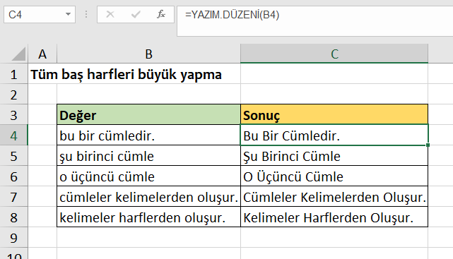 Excel baş harfleri büyük yapma örneği