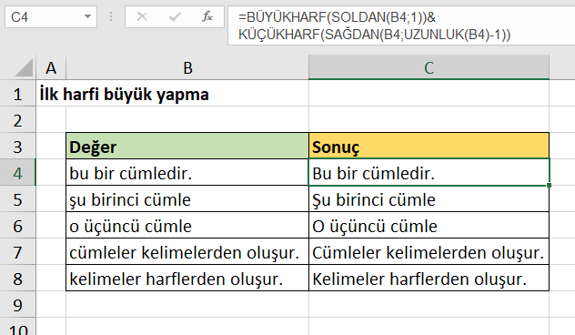 Excel sadece ilk harfi büyük yapma formülü
